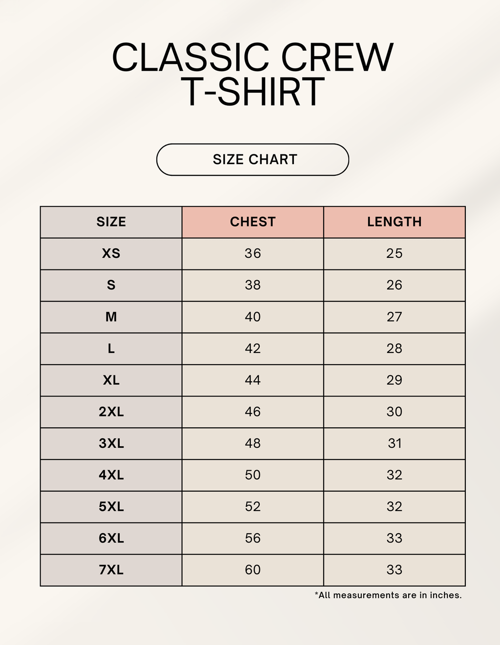 Village Side T-shirt chart