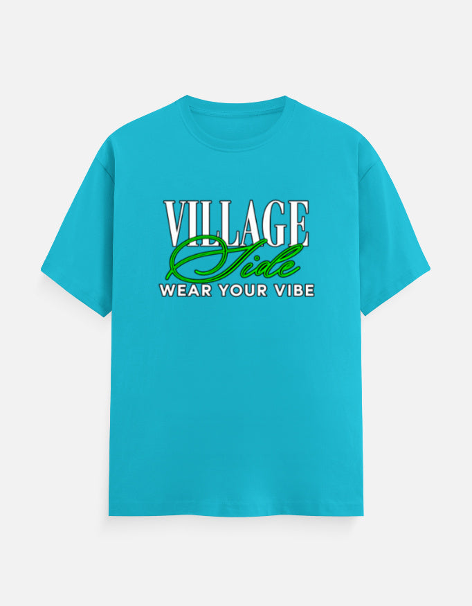 Front view of village side blue T-shirt
