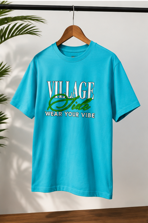 Model wearing village side blue t-shirt 
